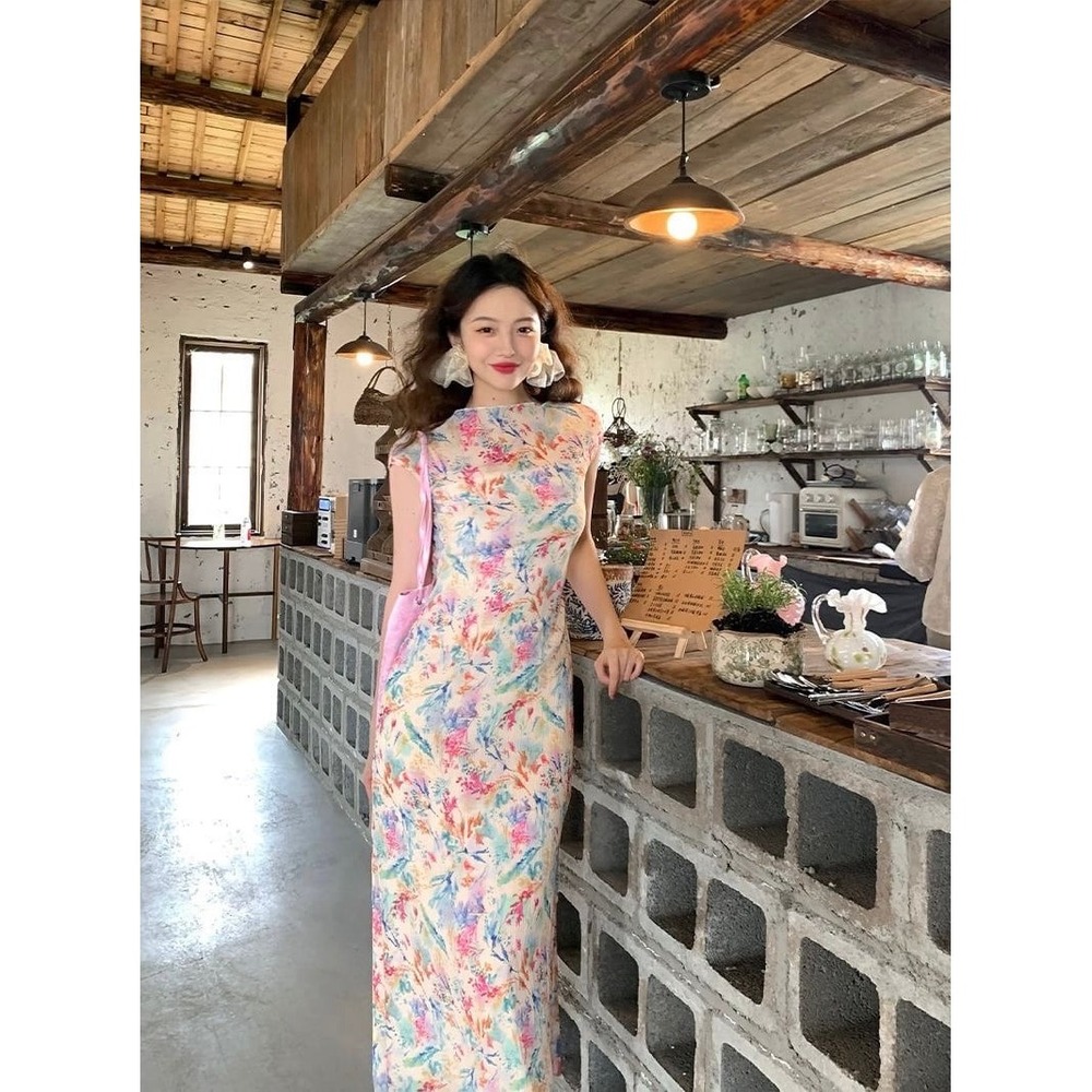 Romantic Watercolor Floral Pleated Maxi Dress Set With Slip Fits Like S new